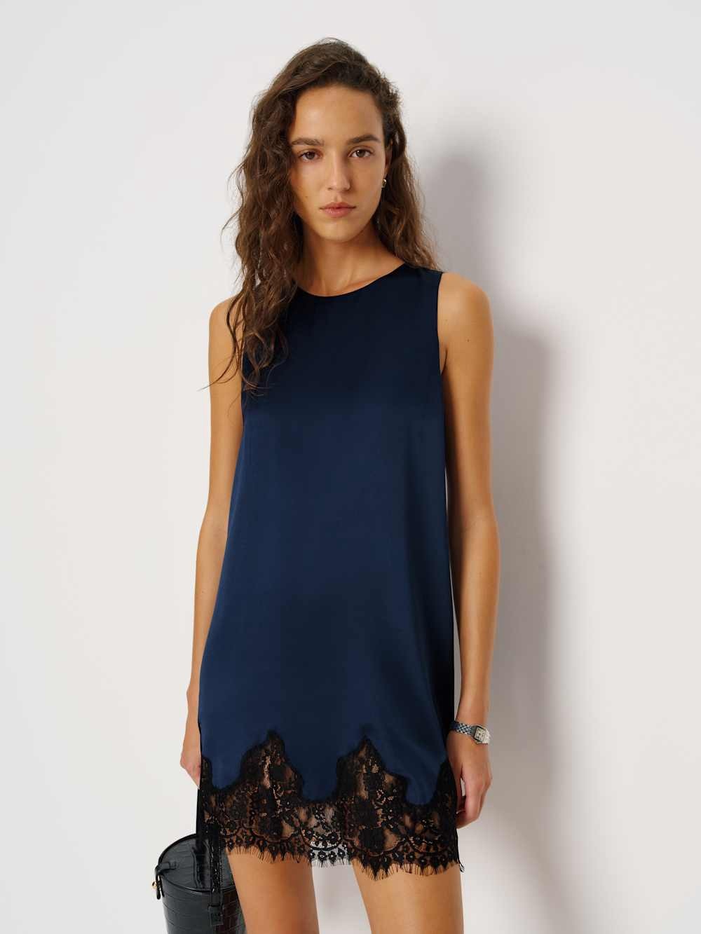 NWT Reformation Jessalyn Silk Dress Navy 100% Silk Mini Lace Hem